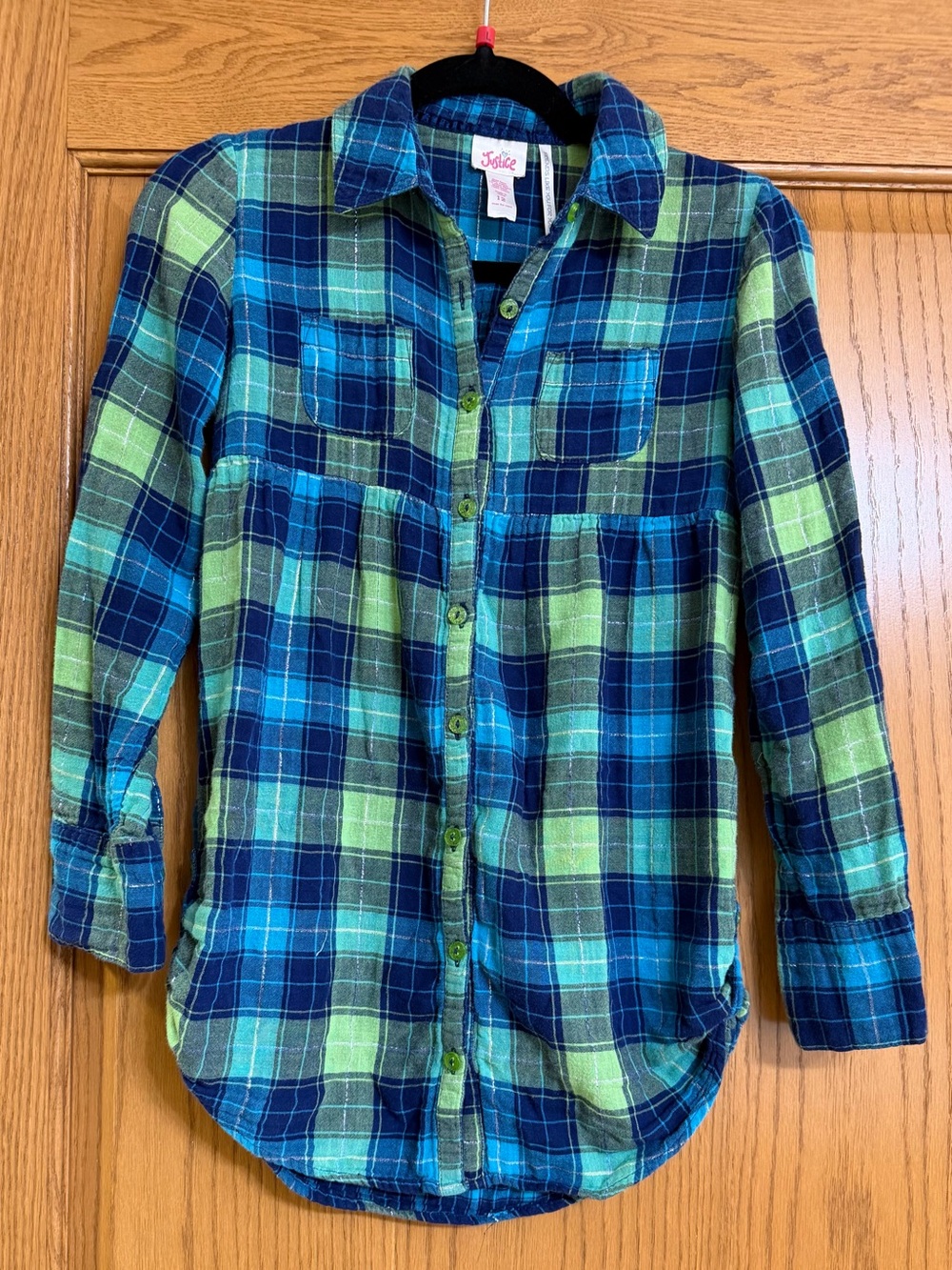 Justice Girls Blue and Green Plaid Button-Down Shirt